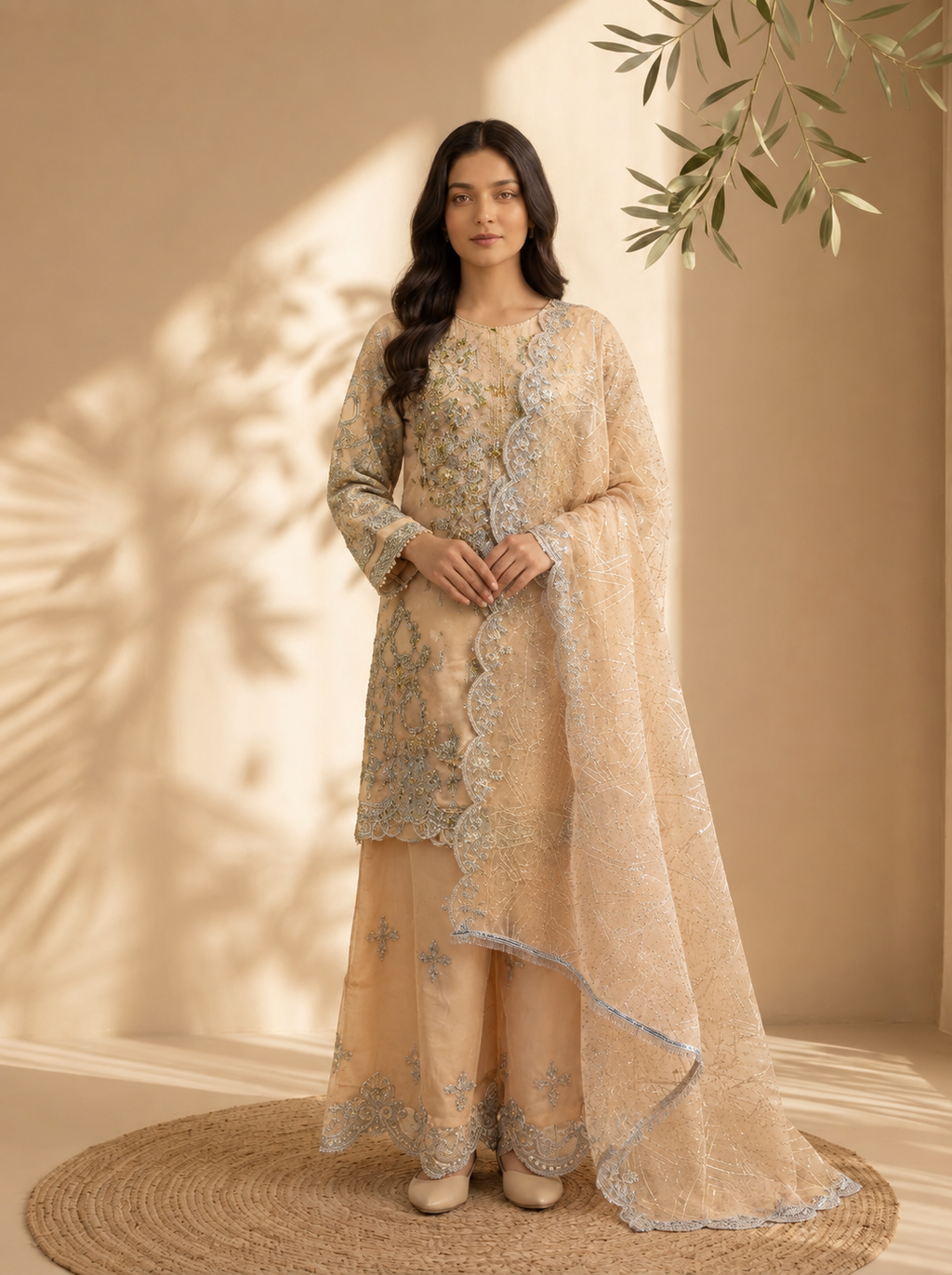 3 Piece Heavy Embroidered Organza Suit with Fancy Palazzo & Organza Dupatta (Stitched)