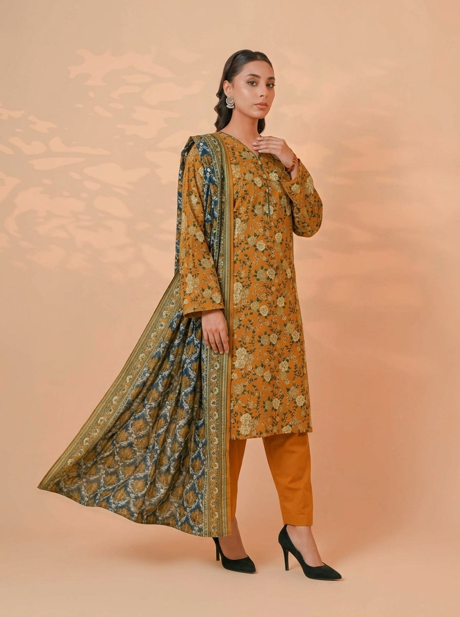 3 Piece Golden Zari Khaddar Suit (Unstitched)