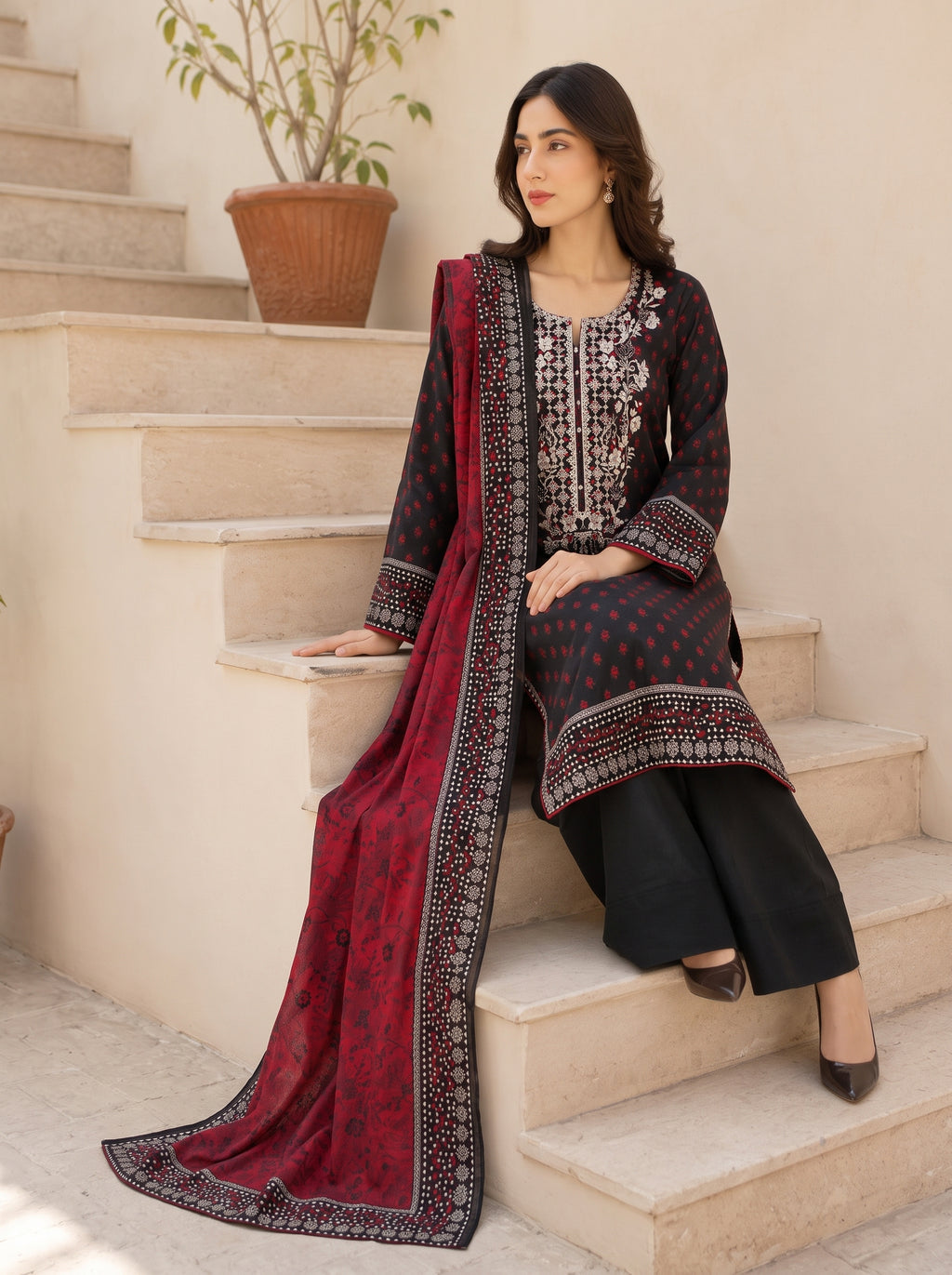 3 Piece Embroidered Khaddar Suit (Unstitched)