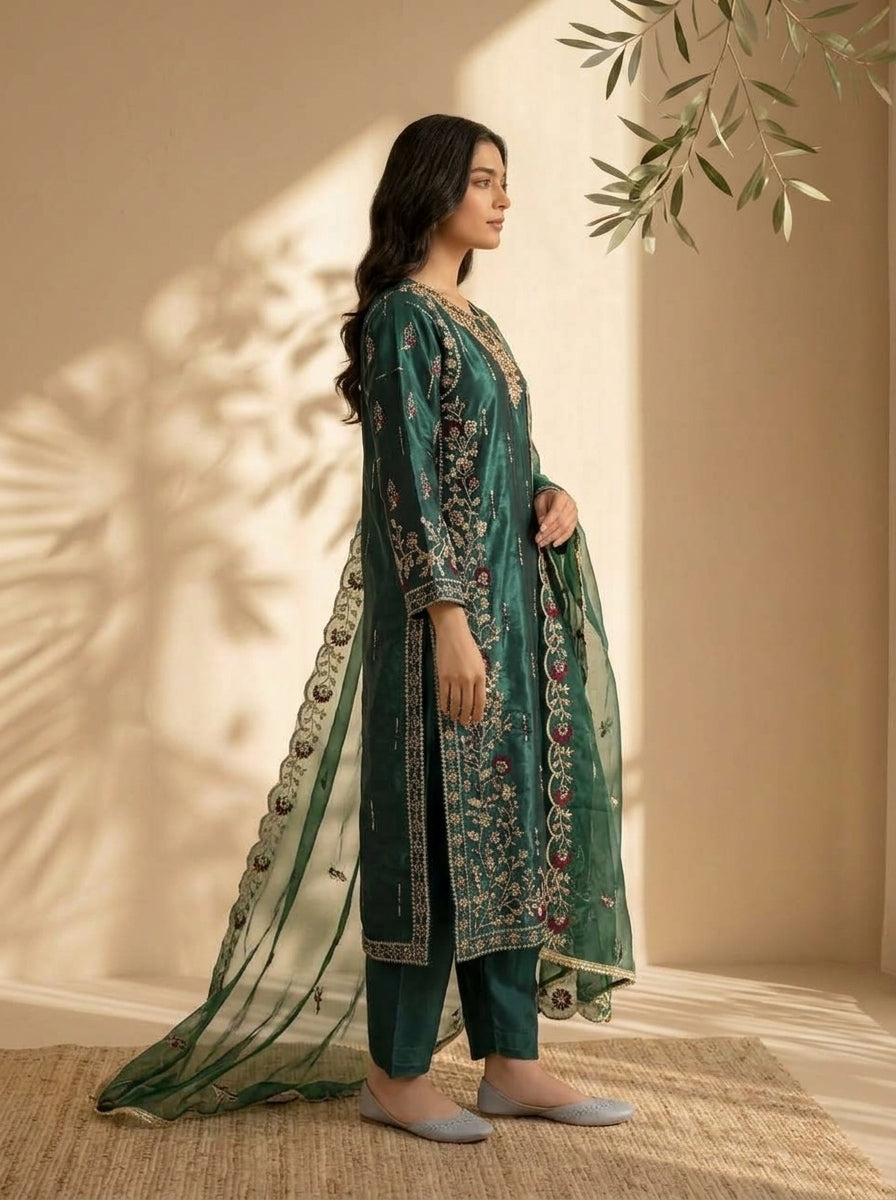 3 Piece Sheesha Silk Suit with Embroidered Khaadi Net Dupatta (Stitched)