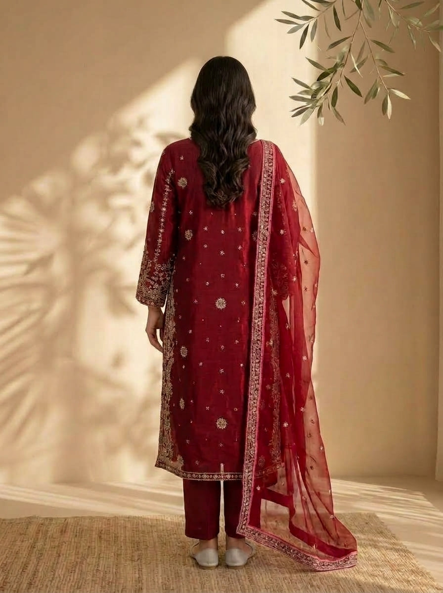 3 Piece Sheesha Silk Suit with Embroidered Khaadi Net Dupatta (Stitched)
