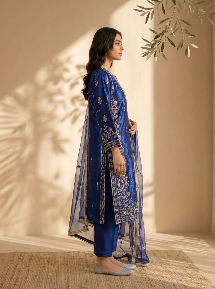 3 Piece Sheesha Silk Suit with Embroidered Khaadi Net Dupatta (Stitched)