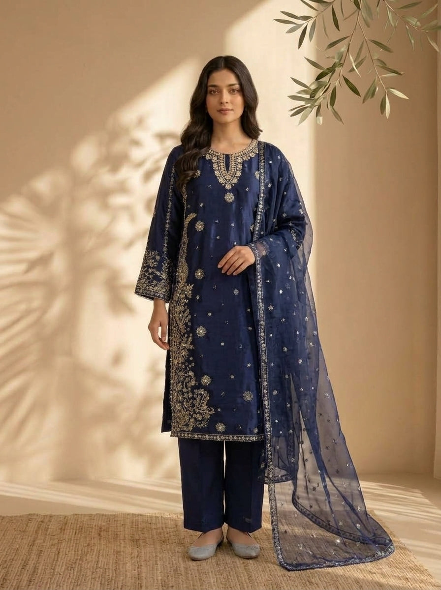 3 Piece Sheesha Silk Suit with Embroidered Khaadi Net Dupatta (Stitched)