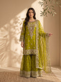 3 Piece Embroidered Organza Suit with Sharara & Organza Net Dupatta (Stitched)