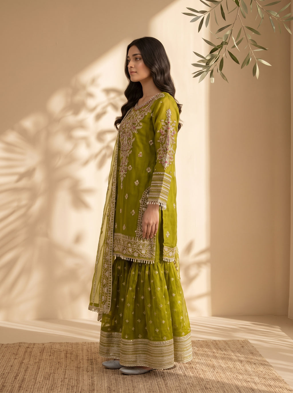 3 Piece Embroidered Organza Suit with Sharara & Organza Net Dupatta (Stitched)
