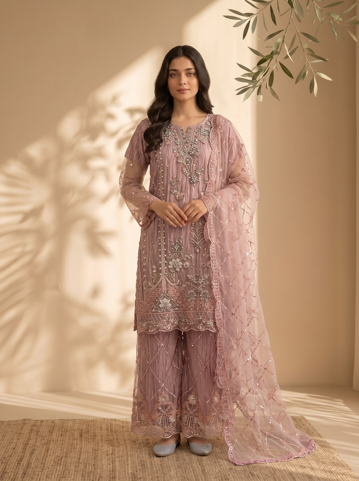 3 Piece Embroidered Khaadi Net & Shamooz Silk Suit with Fancy Work Palazzo (Stitched)