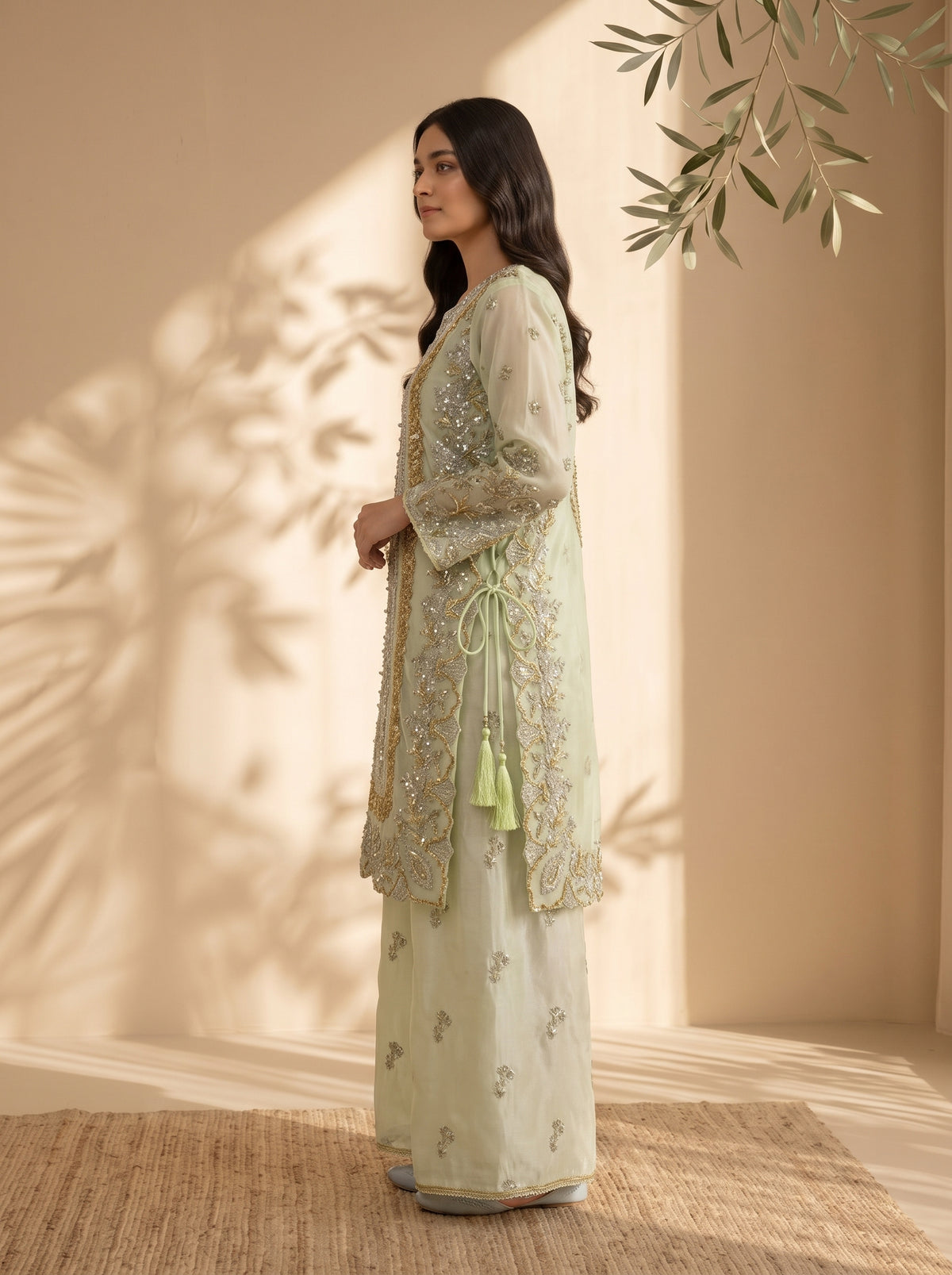 3 Piece Embroidered Organza Silk Suit with Fancy Palazzo & Organza Dupatta (Stitched)