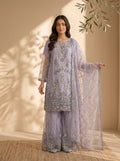3 Piece Embroidered Khaadi Net & Shamooz Silk Suit with Fancy Work Palazzo (Stitched)