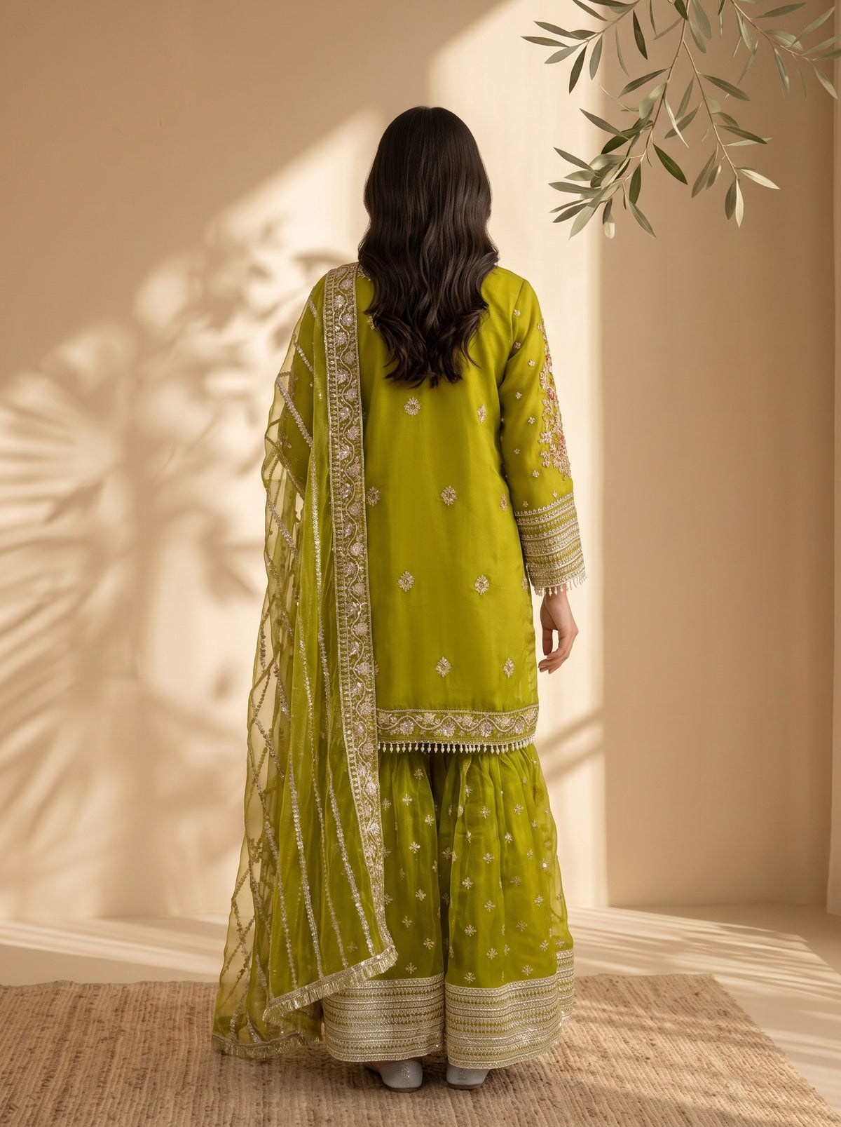 3 Piece Embroidered Organza Suit with Sharara & Organza Net Dupatta (Stitched)