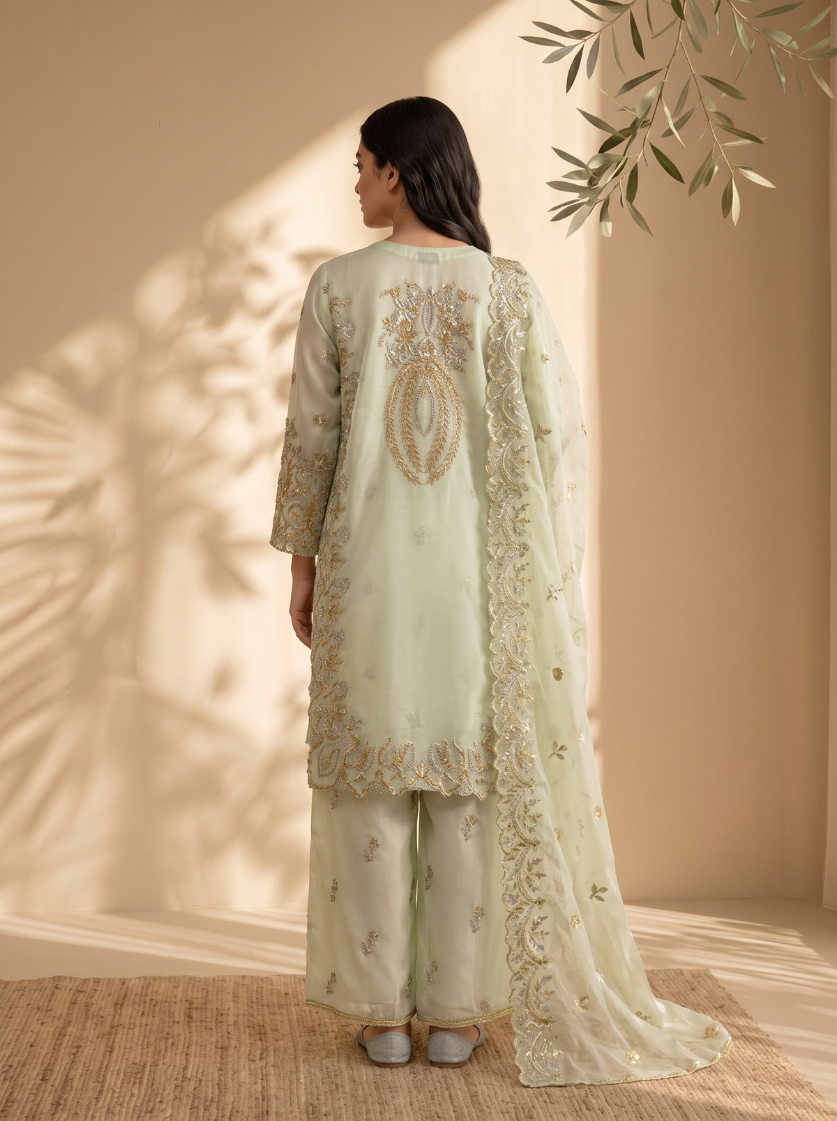 3 Piece Embroidered Organza Silk Suit with Fancy Palazzo & Organza Dupatta (Stitched)