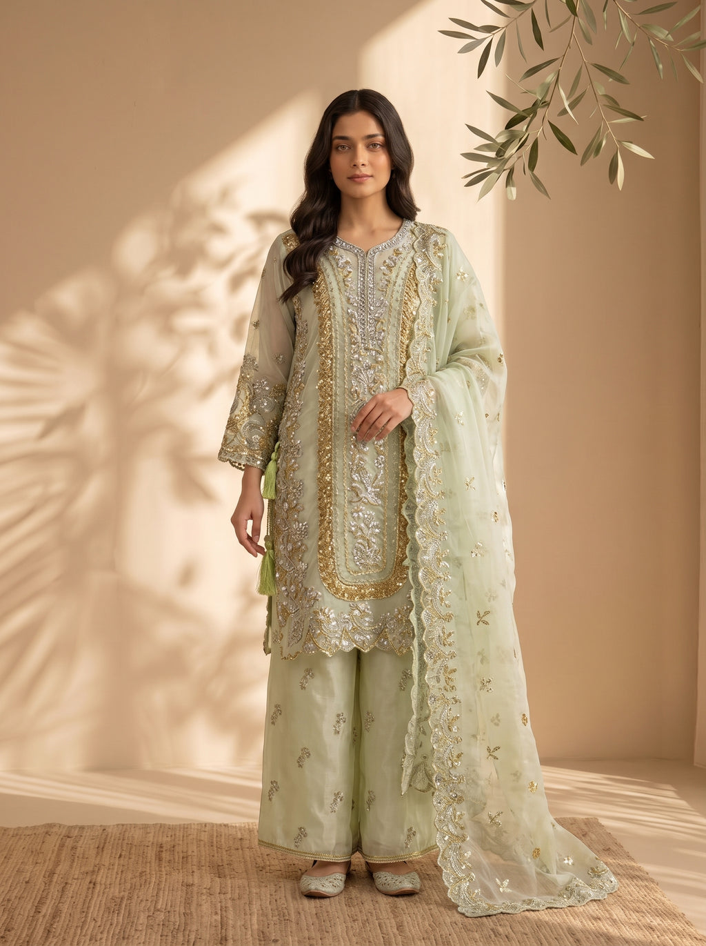 3 Piece Embroidered Organza Silk Suit with Fancy Palazzo & Organza Dupatta (Stitched)