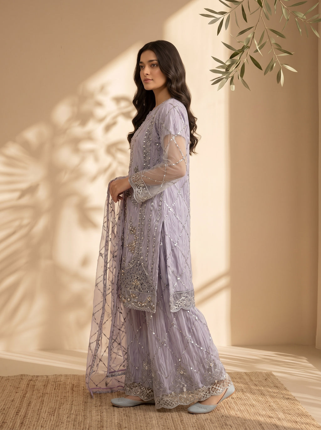 3 Piece Embroidered Khaadi Net & Shamooz Silk Suit with Fancy Work Palazzo (Stitched)