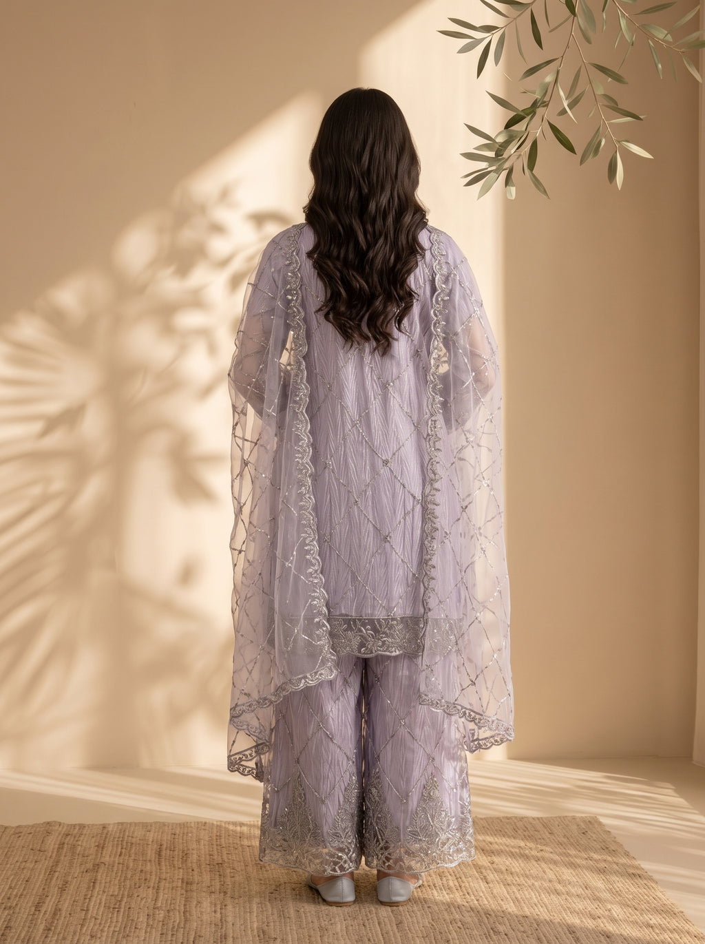 3 Piece Embroidered Khaadi Net & Shamooz Silk Suit with Fancy Work Palazzo (Stitched)