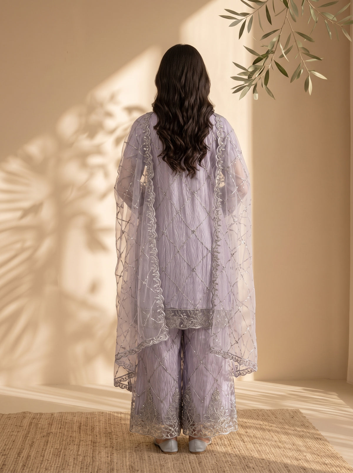 3 Piece Embroidered Khaadi Net & Shamooz Silk Suit with Fancy Work Palazzo (Stitched)