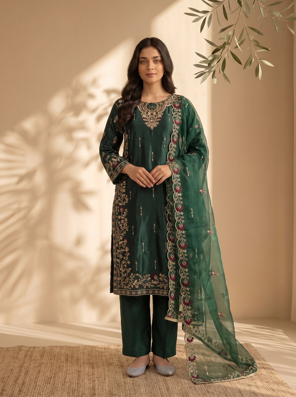 3 Piece Sheesha Silk Suit with Embroidered Khaadi Net Dupatta (Stitched)