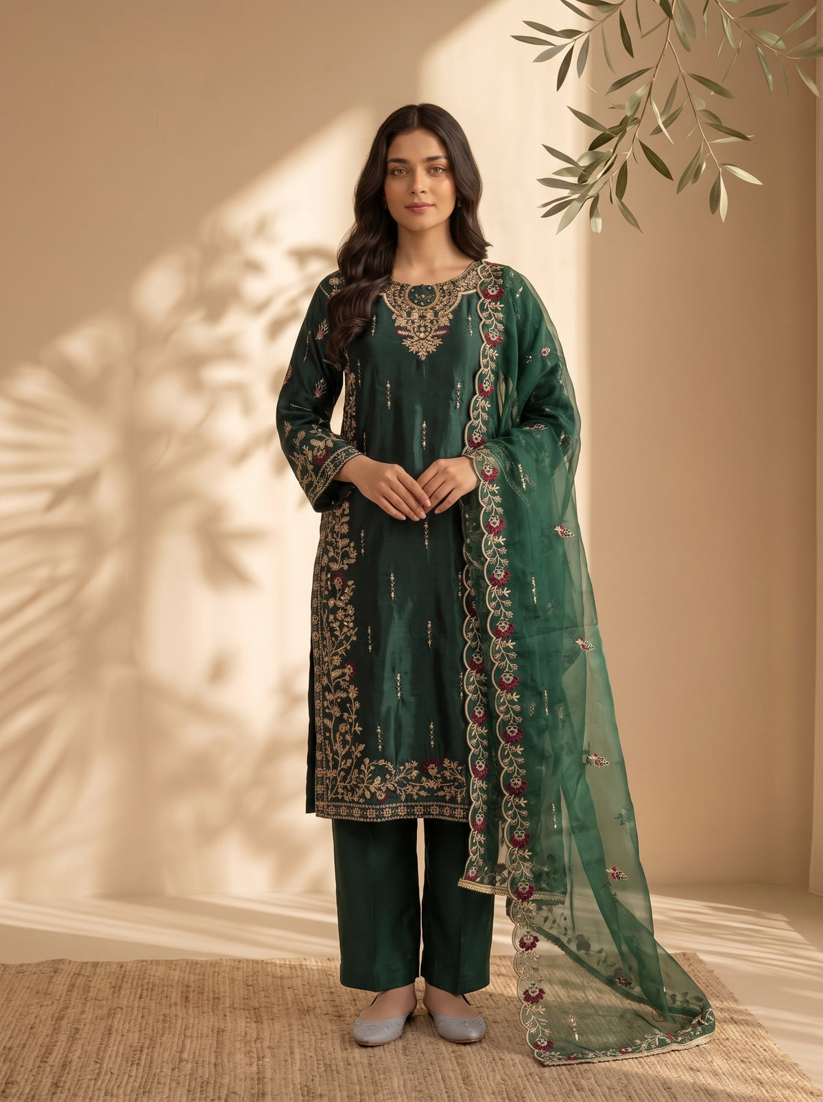 3 Piece Sheesha Silk Suit with Embroidered Khaadi Net Dupatta (Stitched)