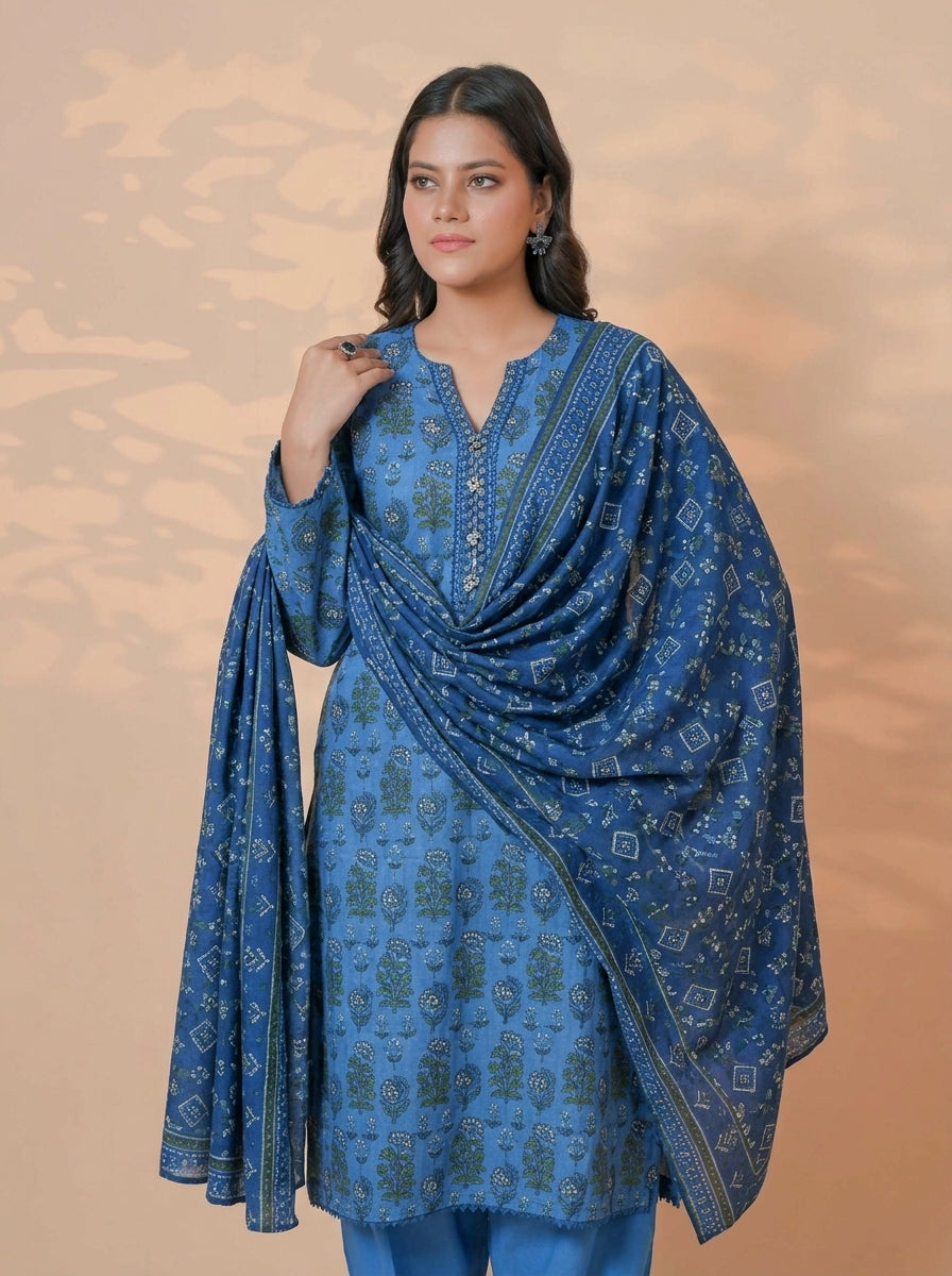 3 Piece Golden Zari Khaddar Suit (Unstitched)