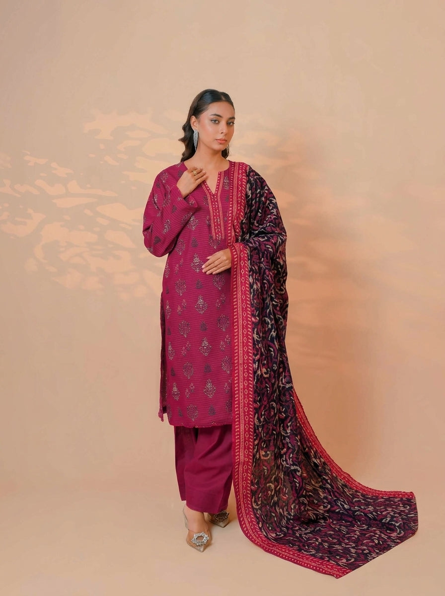 3 Piece Golden Zari Khaddar Suit (Unstitched)
