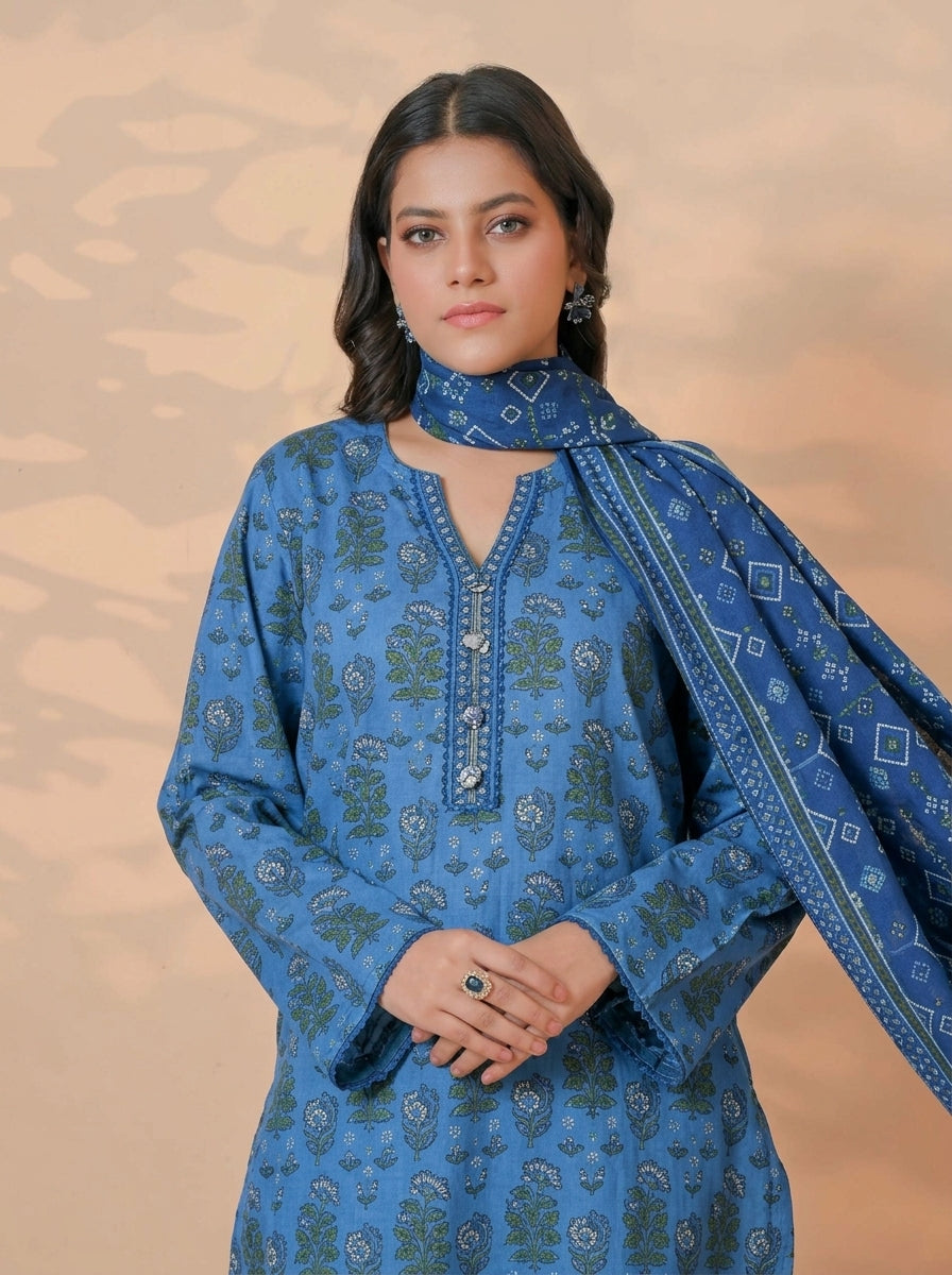 3 Piece Golden Zari Khaddar Suit (Unstitched)