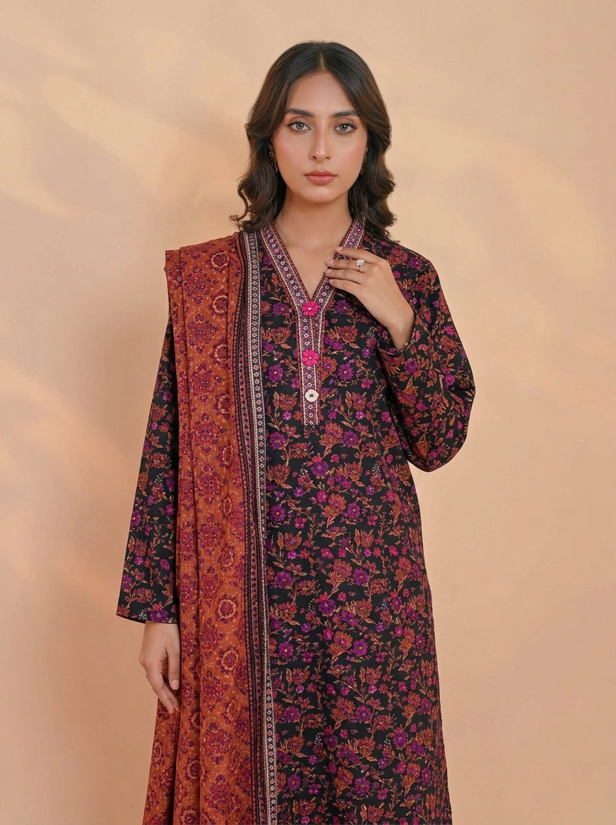 3 Piece Golden Zari Khaddar Suit (Unstitched)