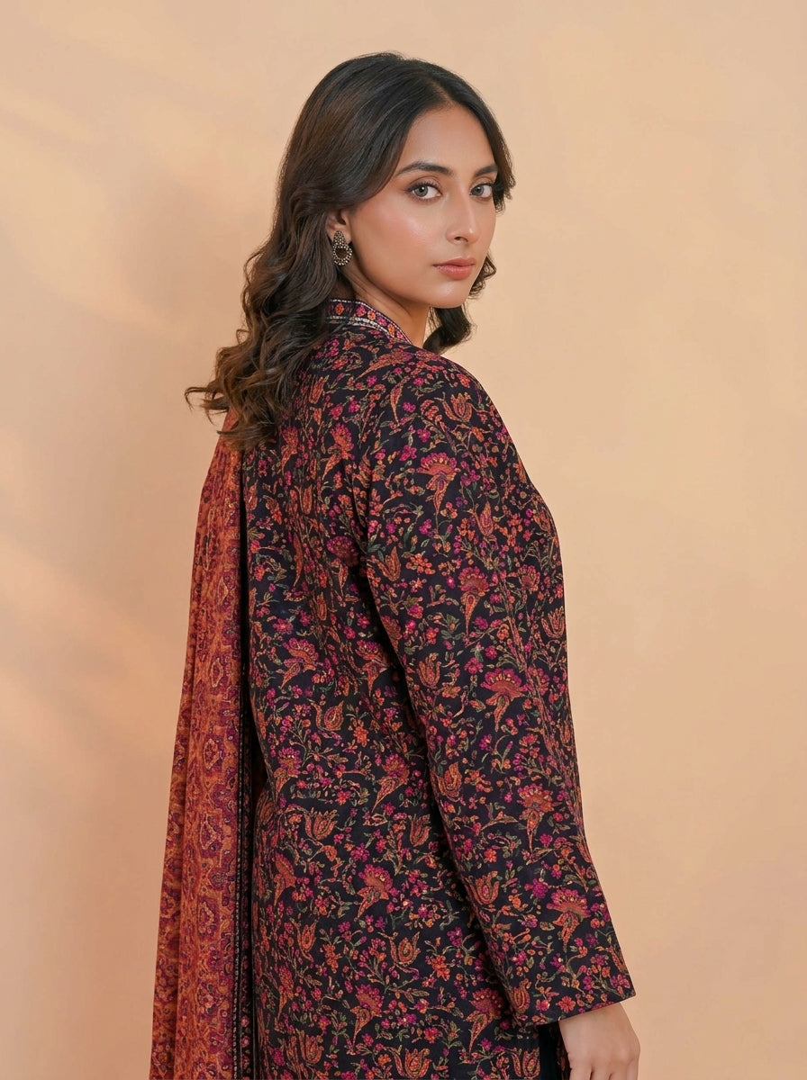 3 Piece Golden Zari Khaddar Suit (Unstitched)
