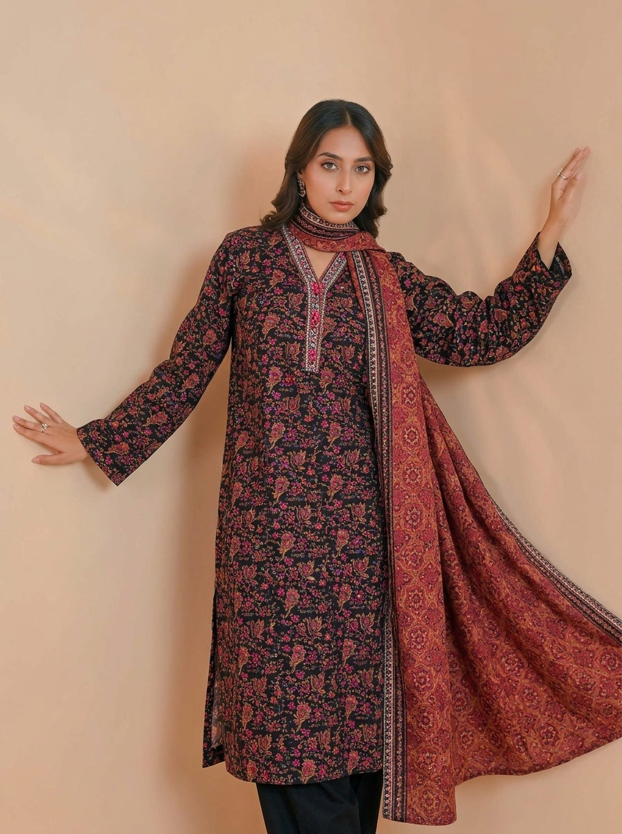 3 Piece Golden Zari Khaddar Suit (Unstitched)