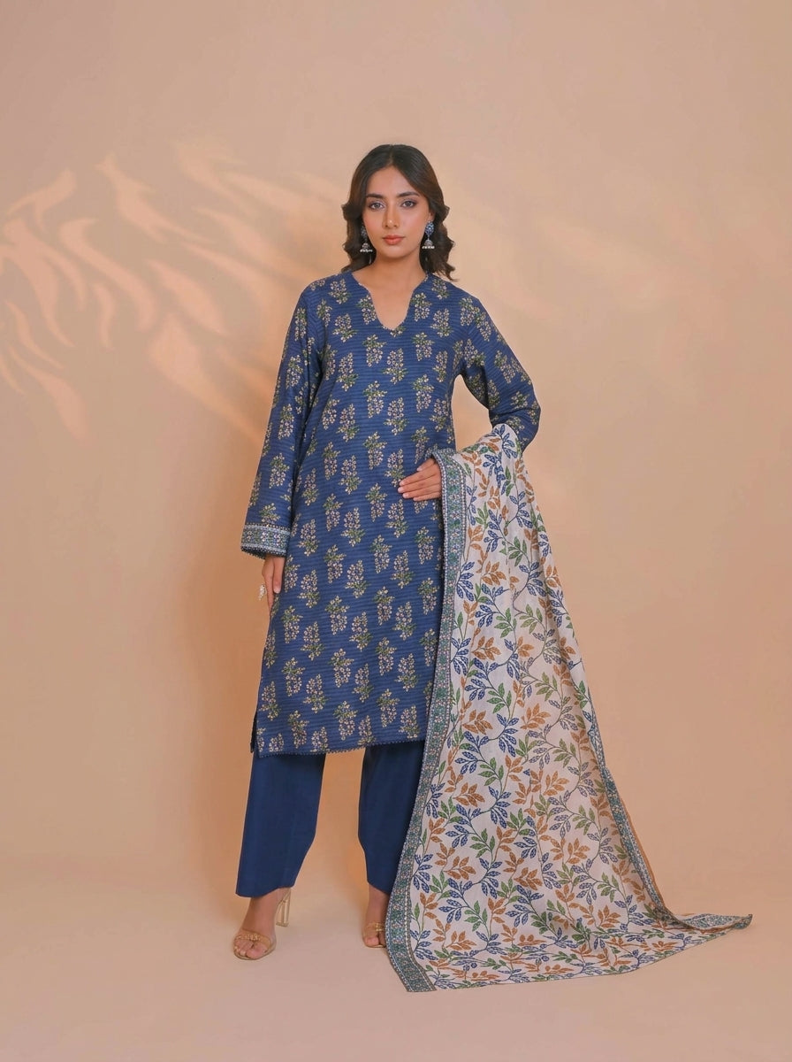 3 Piece Golden Zari Khaddar Suit (Unstitched)