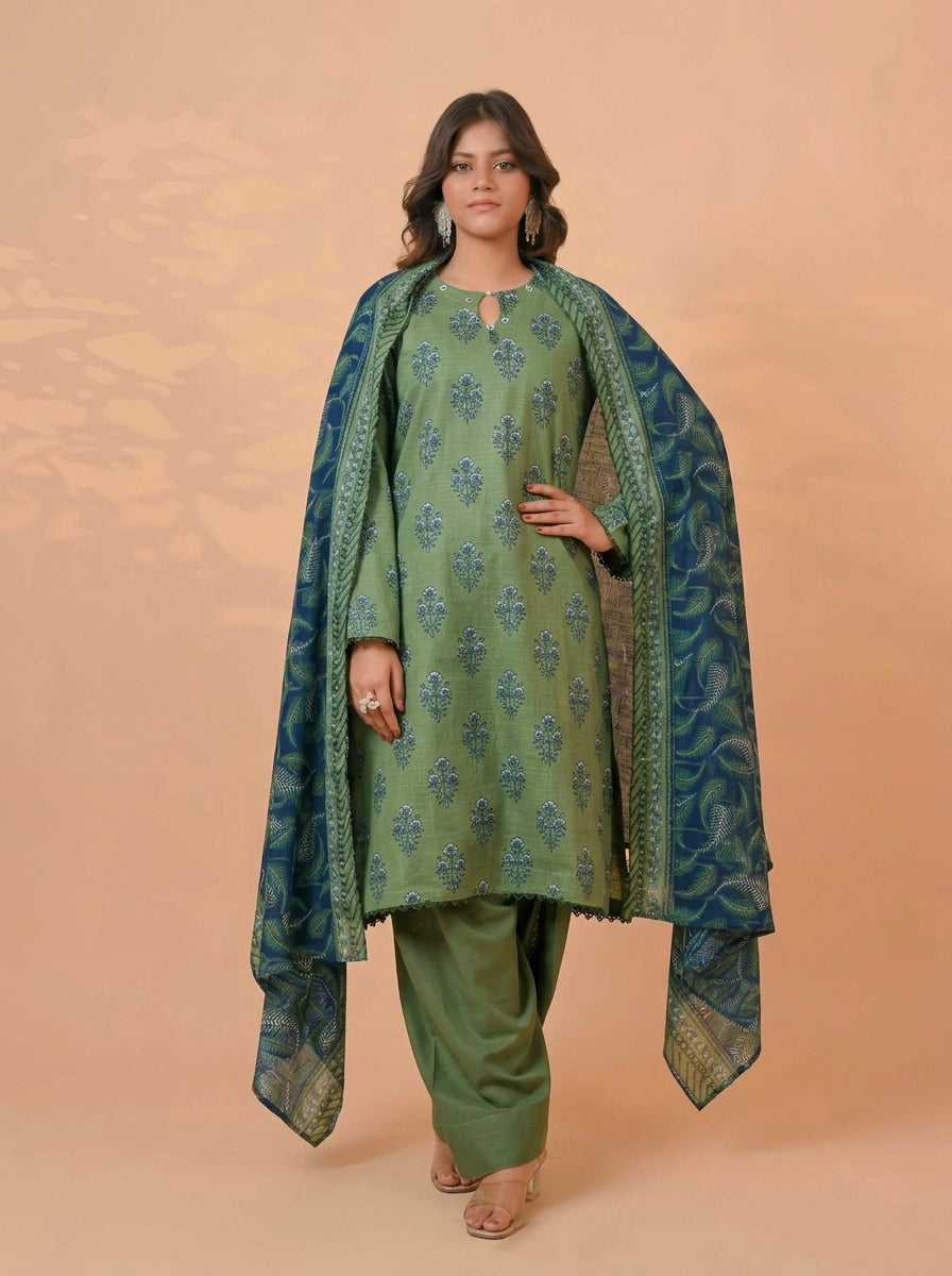 3 Piece Golden Zari Khaddar Suit (Unstitched)
