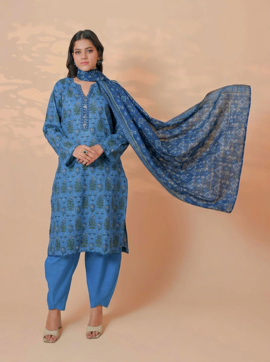 3 Piece Golden Zari Khaddar Suit (Unstitched)