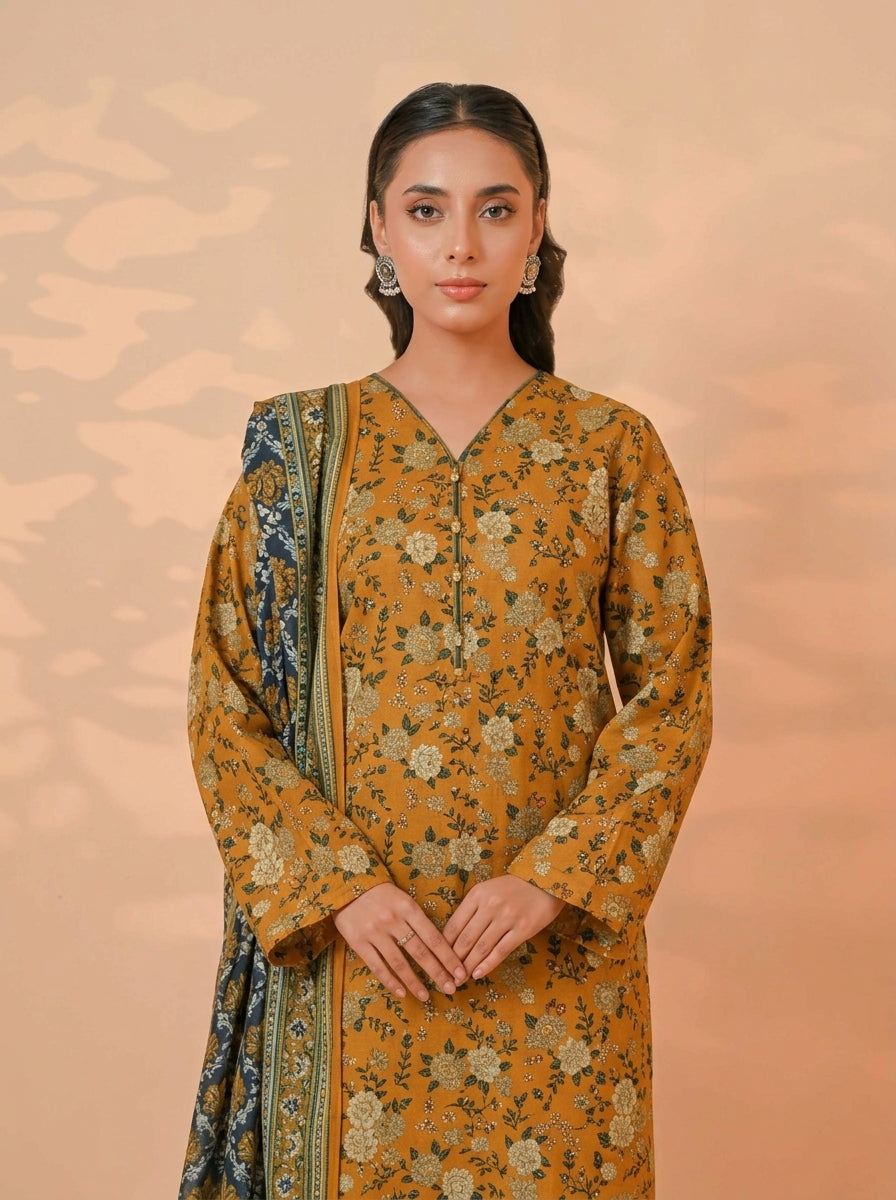3 Piece Golden Zari Khaddar Suit (Unstitched)