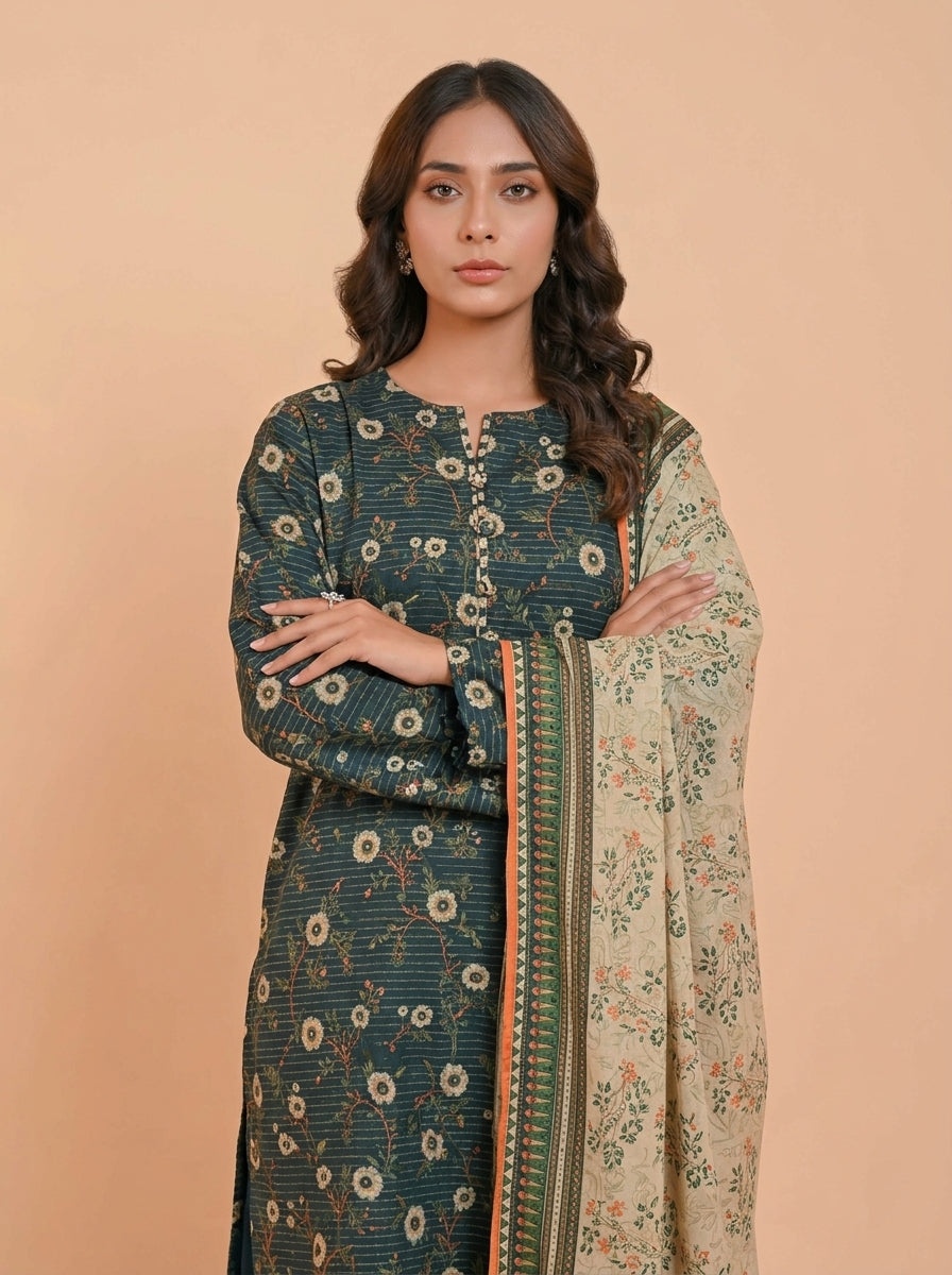 3 Piece Golden Zari Khaddar Suit (Unstitched)