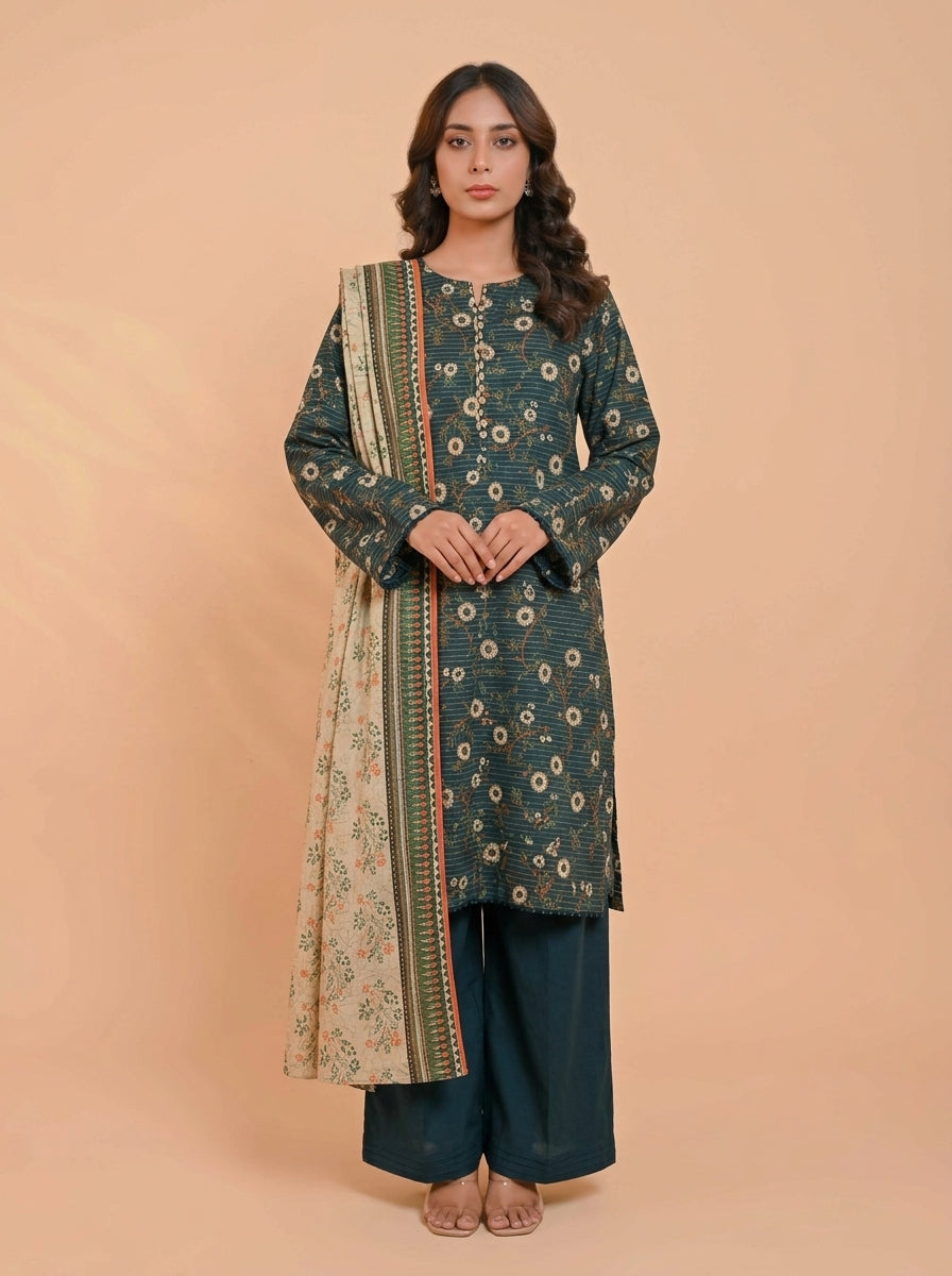3 Piece Golden Zari Khaddar Suit (Unstitched)