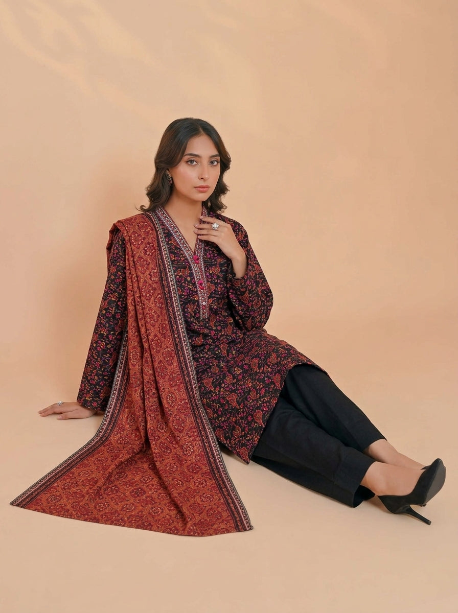 3 Piece Golden Zari Khaddar Suit (Unstitched)