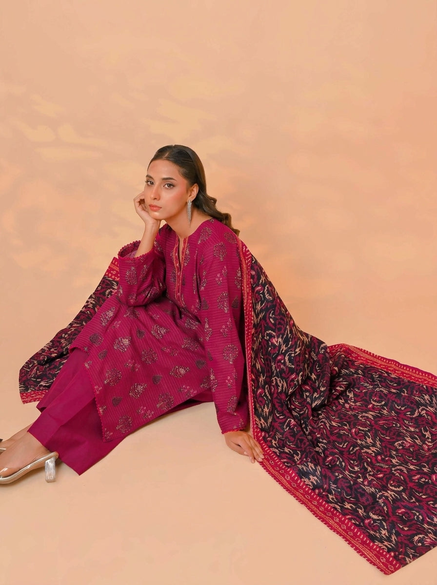 3 Piece Golden Zari Khaddar Suit (Unstitched)