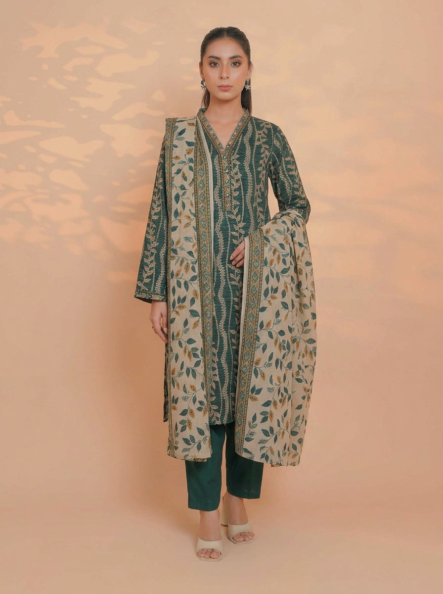 3 Piece Golden Zari Khaddar Suit (Unstitched)