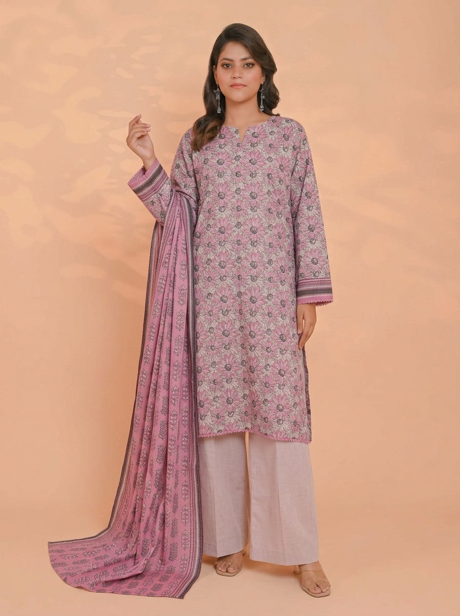 3 Piece Golden Zari Khaddar Suit (Unstitched)