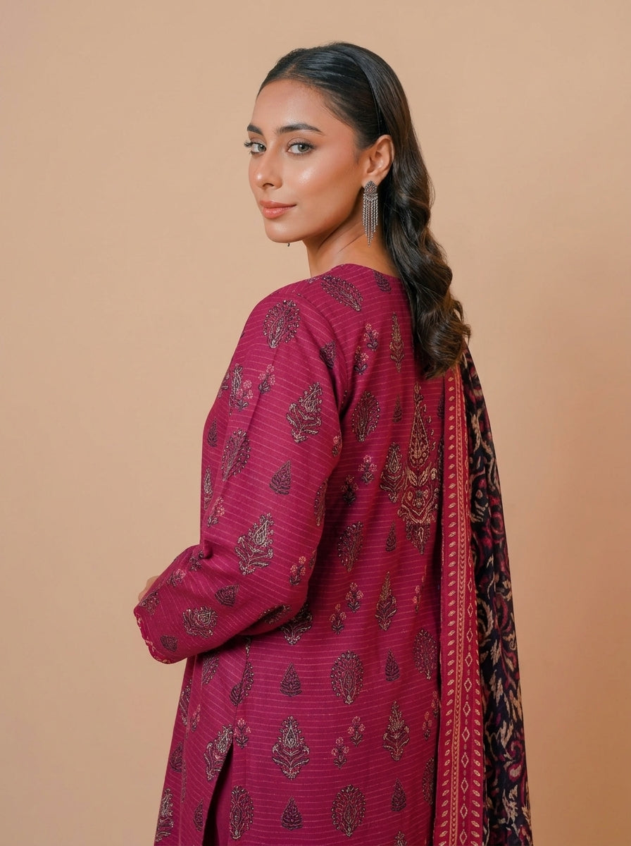 3 Piece Golden Zari Khaddar Suit (Unstitched)