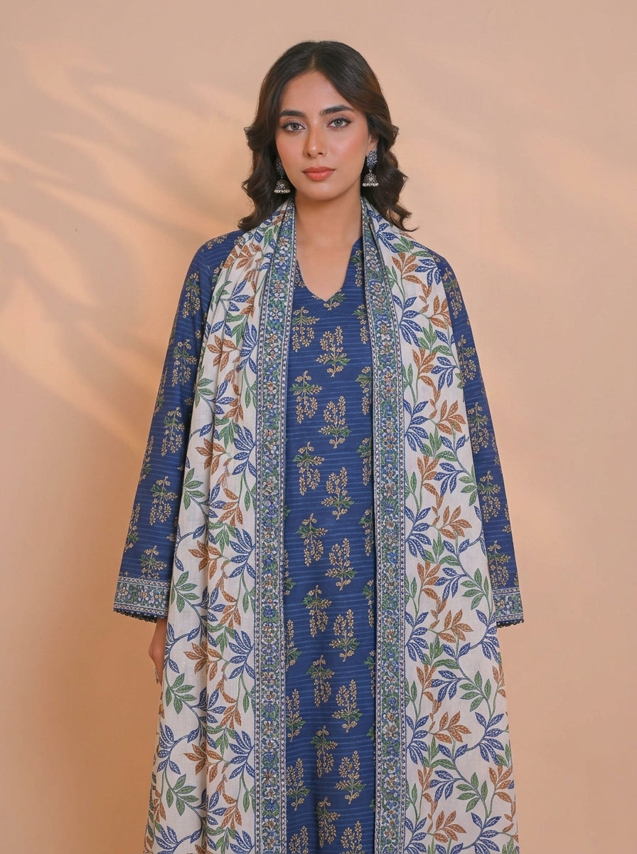 3 Piece Golden Zari Khaddar Suit (Unstitched)