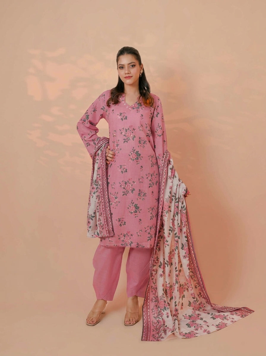 3 Piece Golden Zari Khaddar Suit (Unstitched)