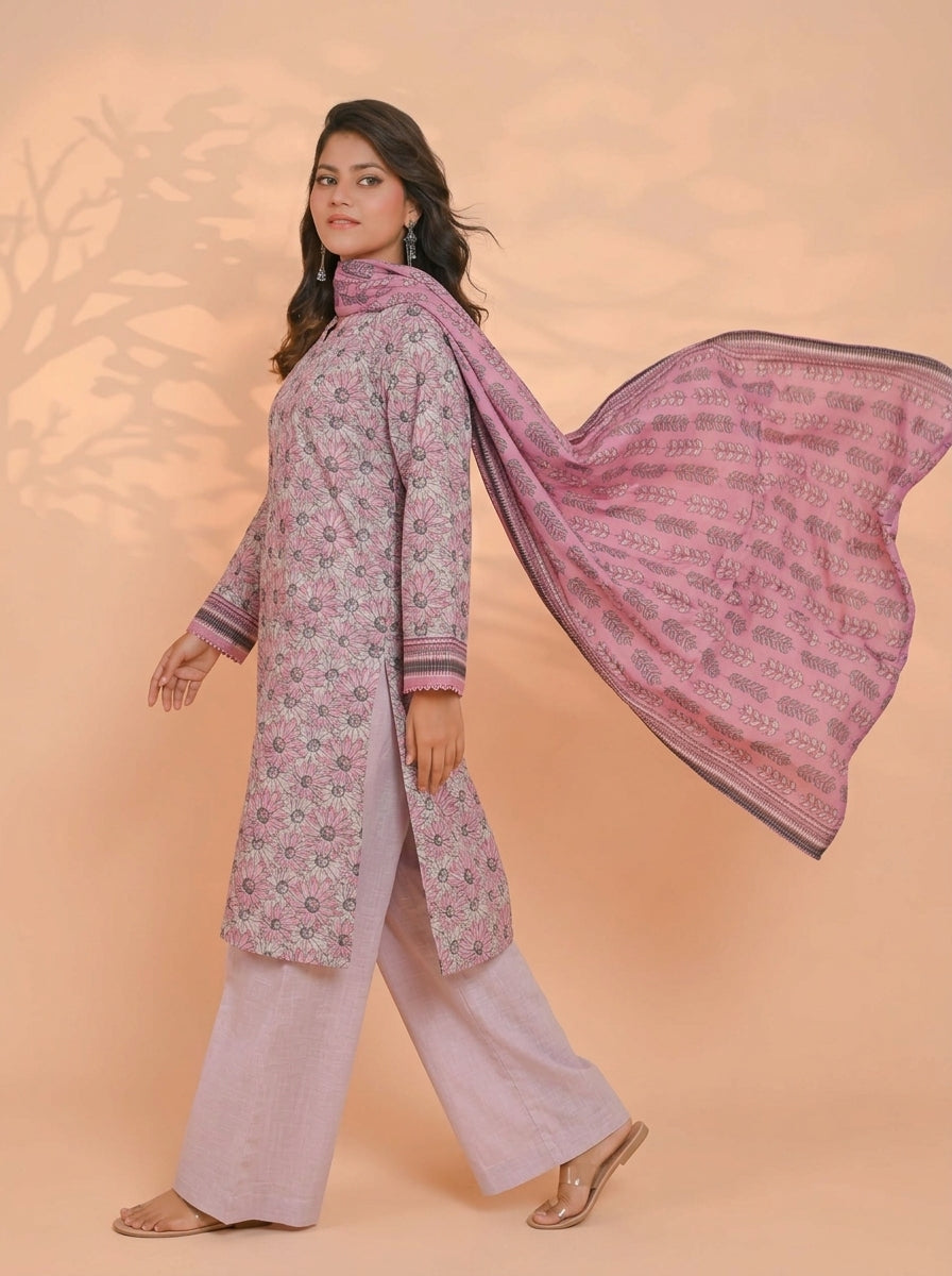 3 Piece Golden Zari Khaddar Suit (Unstitched)