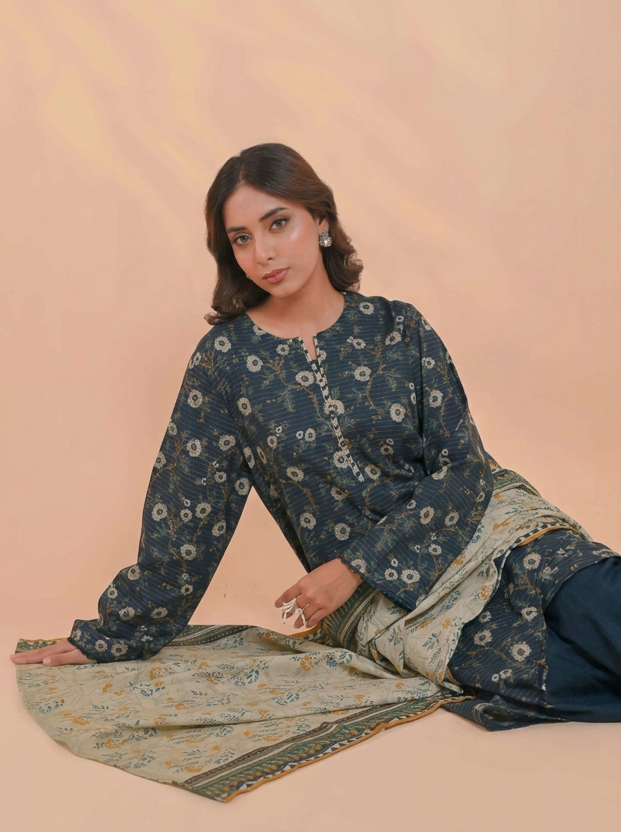 3 Piece Golden Zari Khaddar Suit (Unstitched)