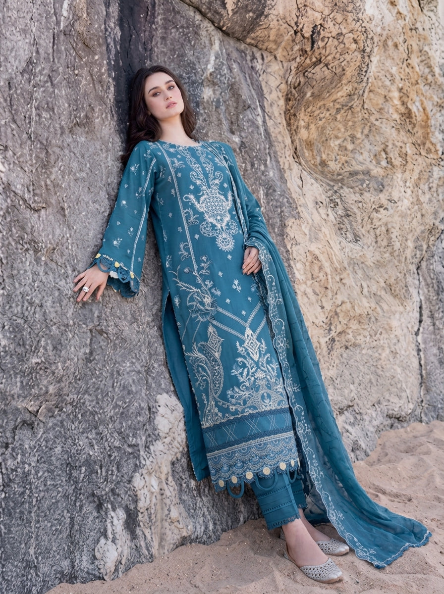 3 Piece Karandi Suit with Chiffon Dupatta (Stitched)