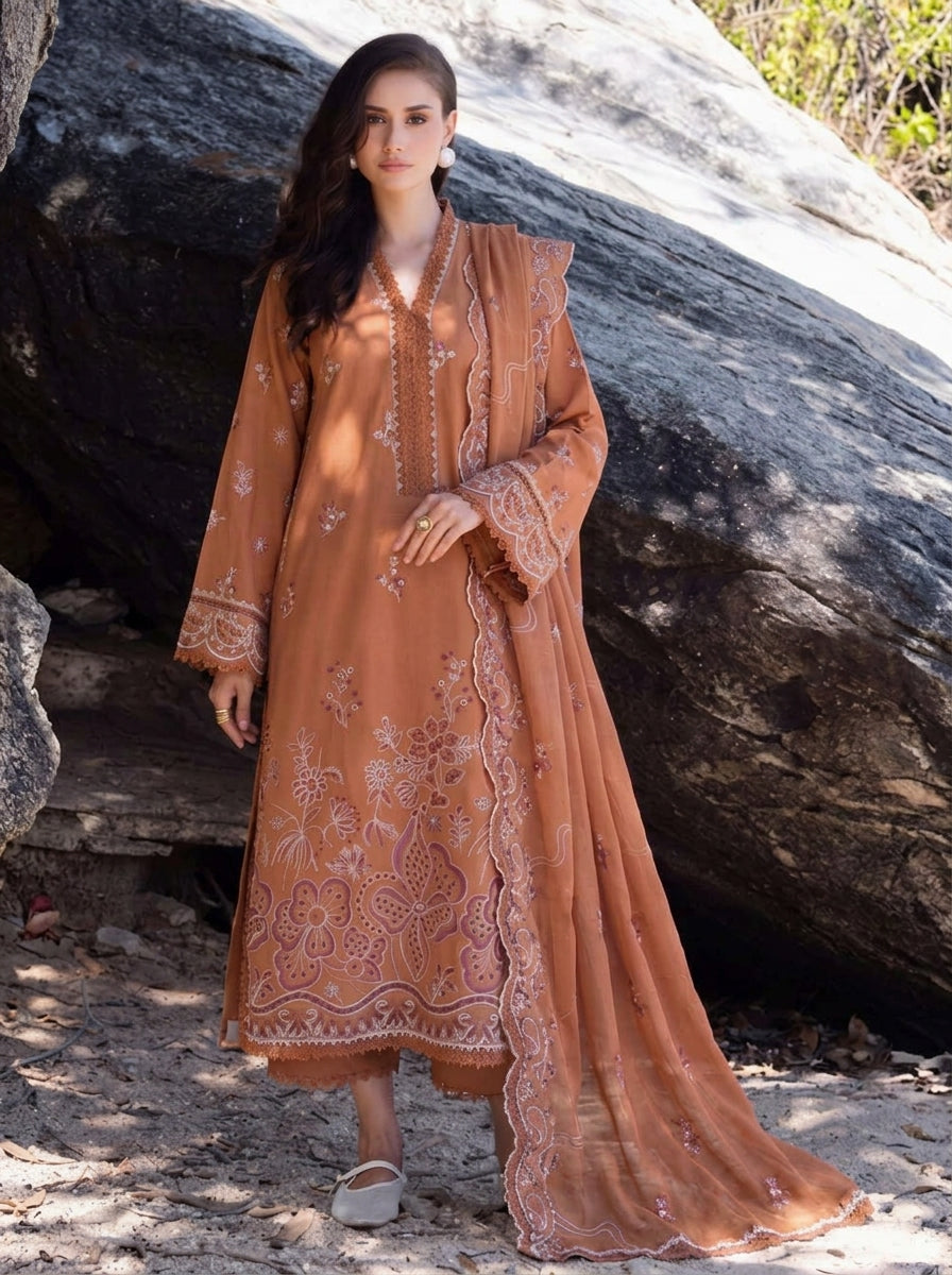 3 Piece Karandi Suit with Chiffon Dupatta (Stitched)