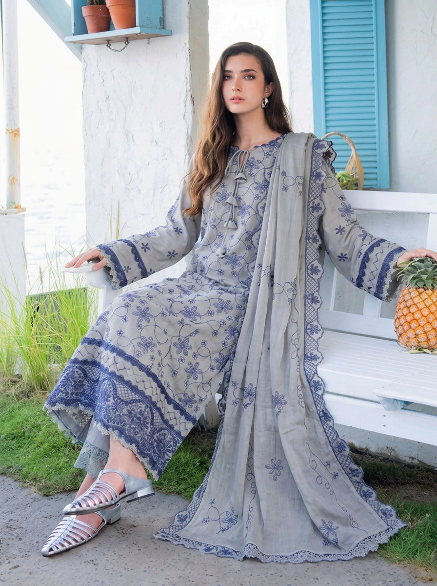 3 Piece Karandi Suit with Chiffon Dupatta (Stitched)