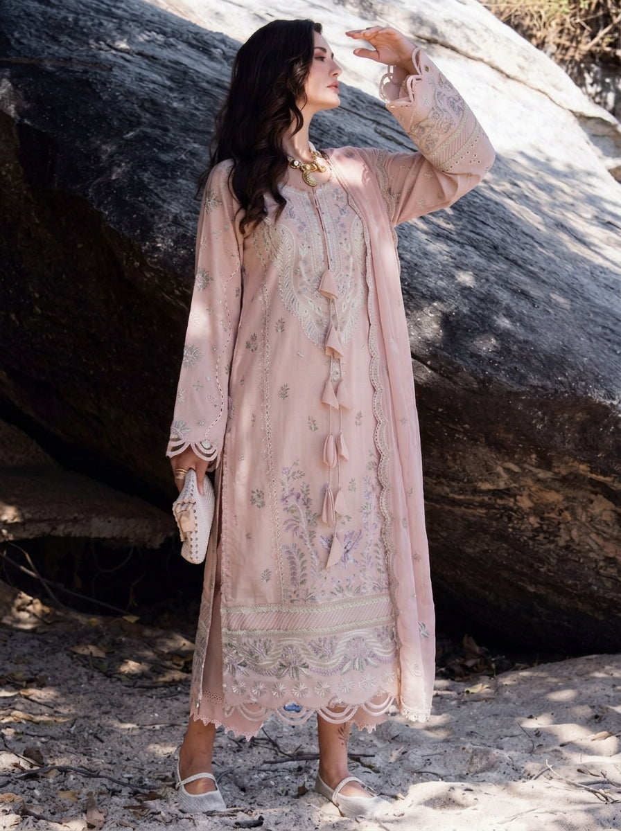 3 Piece Karandi Suit with Chiffon Dupatta (Stitched)