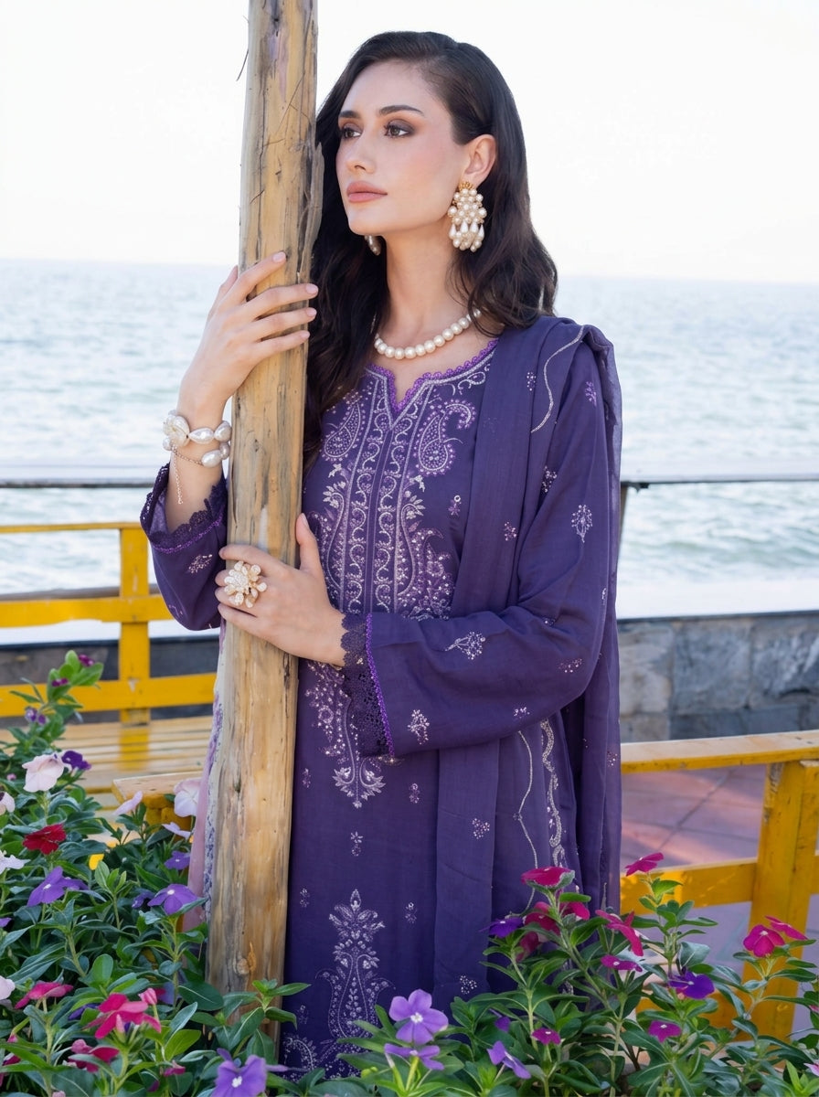 3 Piece Karandi Suit with Chiffon Dupatta (Stitched)