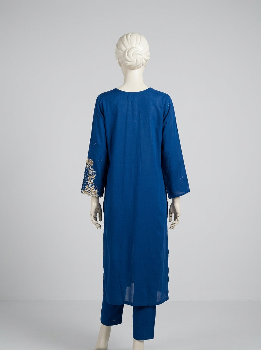 3 Piece Embroidered Karandi Suit with Cutwork Chiffon Dupatta (Stitched)