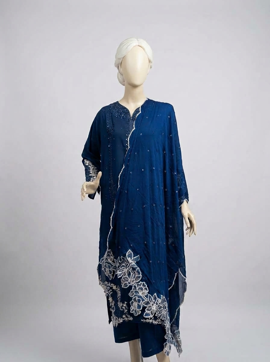 3 Piece Embroidered Karandi Suit with Cutwork Chiffon Dupatta (Stitched)