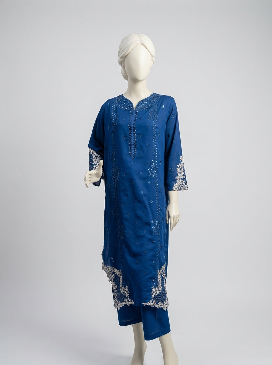 3 Piece Embroidered Karandi Suit with Cutwork Chiffon Dupatta (Stitched)