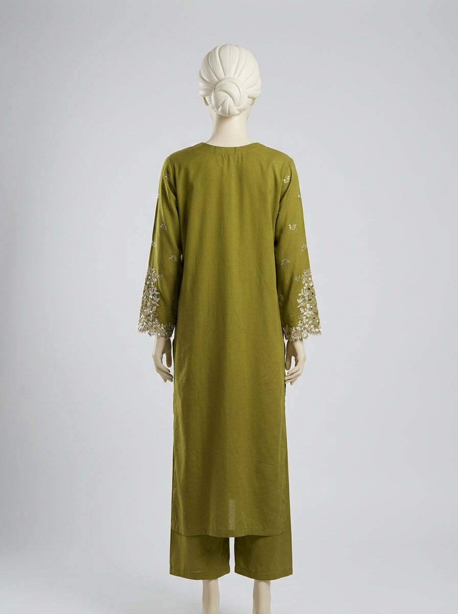 3 Piece Embroidered Karandi Suit with Cutwork Chiffon Dupatta (Stitched)